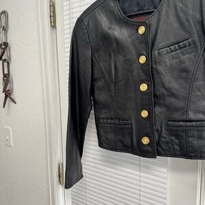 Vintage Black Leather Bomber Jacket with Gold Buttons